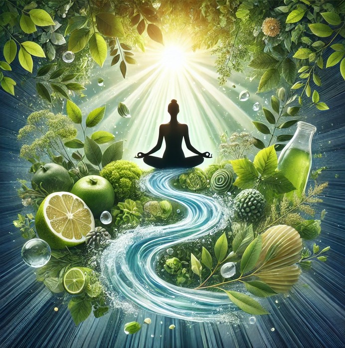 Silhouette einer meditierenden Person, umgeben von fließendem Wasser und frischen Pflanzen, symbolisiert den Prozess der Detox- und Entgiftungstherapie.