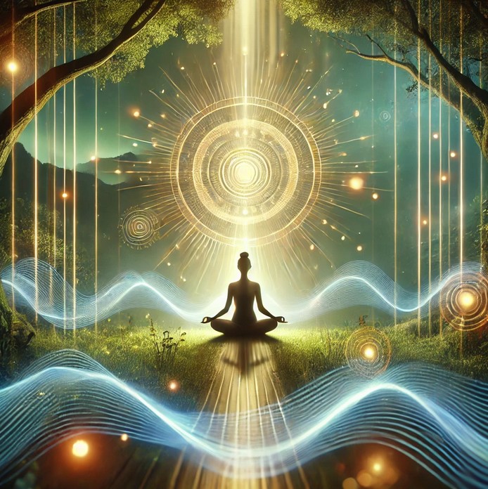 Silhouette einer meditierenden Person, umgeben von energetischen Lichtwellen und Frequenzen, symbolisiert die heilende Kraft von Frequenz- und Lichttherapie.