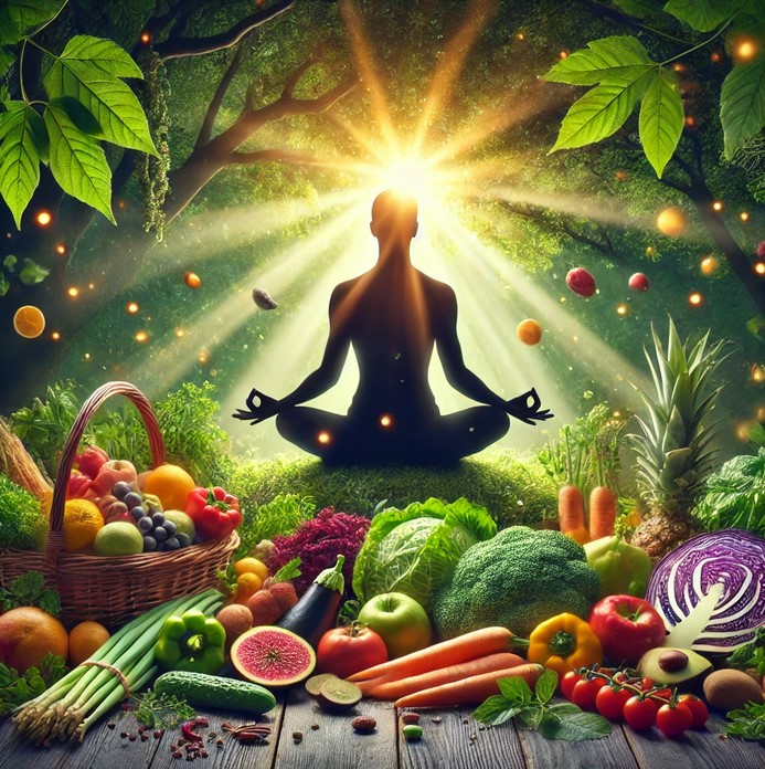 Silhouette einer meditierenden Person, umgeben von frischem Obst, Gemüse und Kräutern, symbolisiert die Bedeutung gesunder Ernährung und natürlicher Lebensmittel.