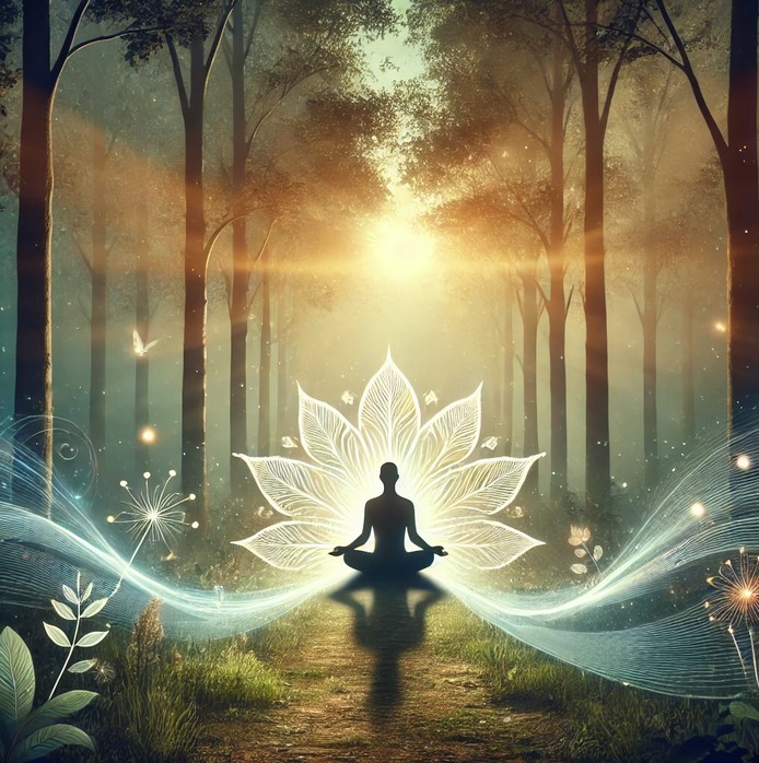 Silhouette einer meditierenden Person, umgeben von heilenden Energiewellen in einem Wald, symbolisiert die Themen Traumatherapie und ganzheitliche Heilung.