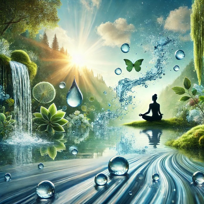 Silhouette einer meditierenden Person, umgeben von fließendem Wasser, Wassertropfen und grüner Natur, symbolisiert die Bedeutung von Wasser und Hydration.