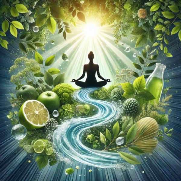 Silhouette einer meditierenden Person, umgeben von fließendem Wasser und frischen Pflanzen, symbolisiert den Prozess der Detox- und Entgiftungstherapie.